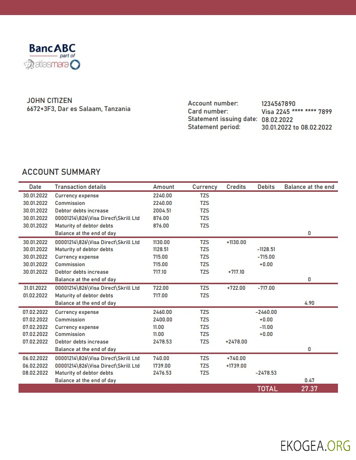 Relevé bancaire BancABC en Tanzanie